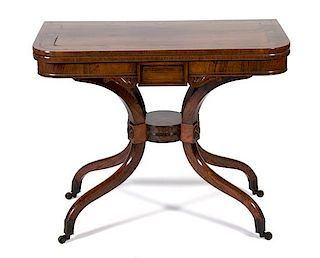 A Regency Grain-Painted and Brass-Inlaid Rosewood Card Table