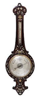 A Victorian Mother-of-Pearl Inlaid Rosewood Banjo Barometer Height 40 3/4 inches.