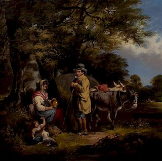 William Shayer the Elder, (British, 1787-1879), A Family with Donkeys Resting by a Tree