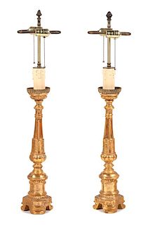 A Pair of Italian Giltwood Pricket Sticks Mounted as Lamps