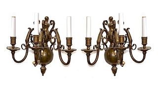 A Pair of Dutch Baroque Style Brass Three-Light Wall Lights Height 14 inches.