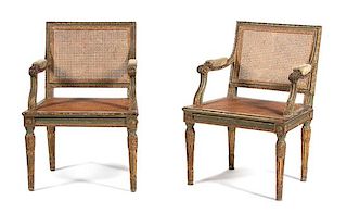 A Pair of Italian Neoclassical Style Green-Painted Armchairs