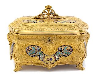 A French Gilt Bronze and Champleve Enamel Jewel Casket Height 5 1/4 x width 7 x depth 4 inches.
