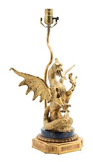 A French Gilt Bronze Hippocamp-Form Table Lamp Height 20 1/2 inches.