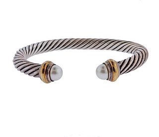 David Yurman 14K Gold Silver Pearl Cable Cuff Bracelet