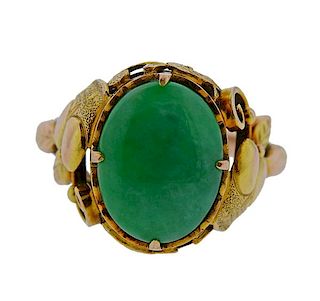 Arts &amp; Crafts 14K Gold Green Stone Ring