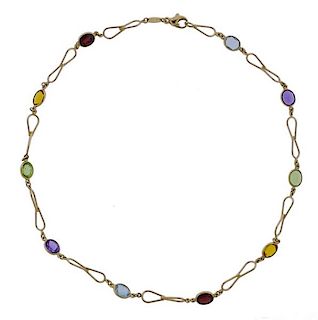 14K Gold Multi Color Gemstone Link Necklace 