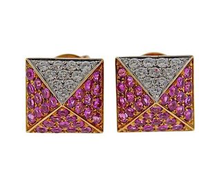 18k Gold Diamond Pink Sapphire Pyramid Earrings 