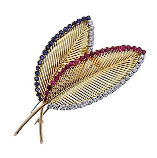 18k Gold Diamond Sapphire Ruby Feather Brooch Pin 