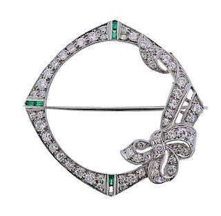 Art Deco Platinum Diamond Emerald Brooch Pin 