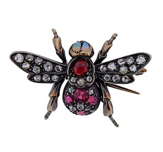 Antique 14k Gold Silver Diamond Gemstone Insect Brooch 
