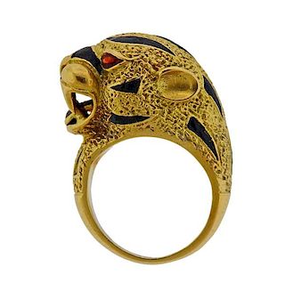 18k Gold Enamel Panther Head Ring 