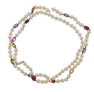 14k Gold Pearl Gemstone Long Necklace 