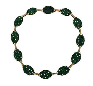 Art Deco Carved Jade 14k Gold Necklace 