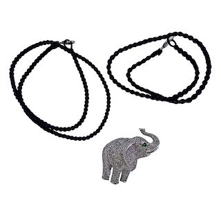18k Gold Diamond Elephant Pendant Brooch Cord Necklace 