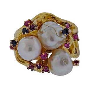 18K Gold Pearl Color Stone Free Form Ring