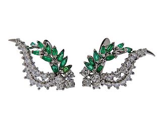 18k Gold Diamond Emerald Cocktail Earrings 