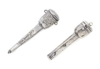 Two Dutch Silver Bodkin Cases, Length of longest 3 7/8 inches.