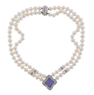 David Yurman Quatrefoil Chalcedony Diamond Pearl 18k Gold Necklace 