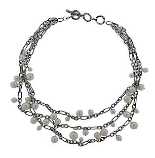 David Yurman  Silver Pearl Three Strand Toggle Necklace