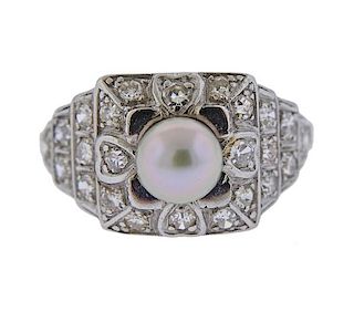Art Deco Platinum Diamond Pearl Ring