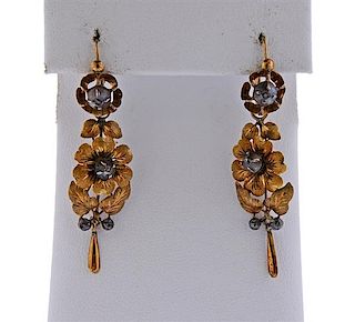 Antique Gold Silver Flower Drop Earrings