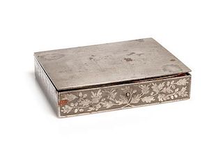 A Russian Steel Sewing Case, Height 1 x width 4 3/8 x depth 3 1/2 inches.