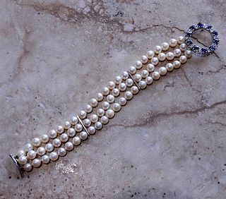 18K Gold Diamond Sapphire Pearl 3 Strand Bracelet
