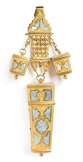 A Continental Mother-of-Pearl Mounted Gilt Metal Chatelaine, Height 7 3/8 inches.