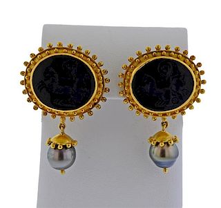 Elizabeth Locke 18K Gold Intaglio Stone Pearl Earrings