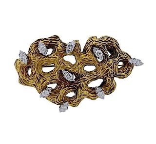 1970s 18k Gold Diamond Free Form Brooch Pin 