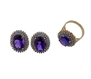 14K Gold Diamond Purple Stone Earrings Ring Set