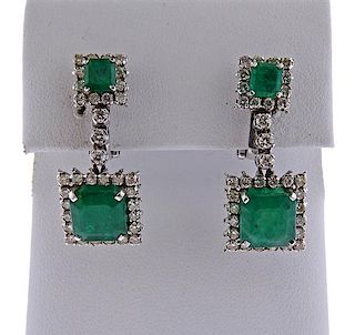 18K Gold Diamond Emerald Drop Earrings