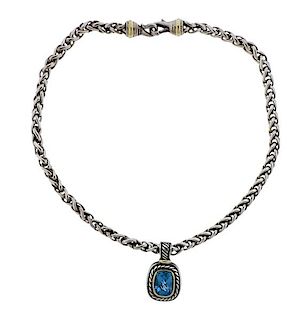 David Yurman Silver 14k Gold Blue Topaz Pendant Necklace 