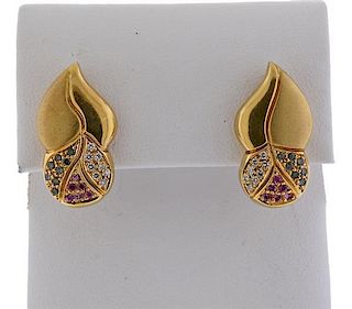 Tenthio 18k Gold Multi Color Sapphire Diamond Earrings