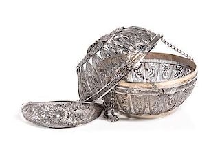 A Continental Silver Filigree Wrist Ball Holder, Diameter of holder 4 inches.