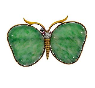 14k Gold Jade Diamond Ruby Butterfly Pendant Brooch 