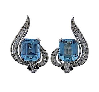 Mid Century Platinum Aquamarine Diamond Earrings 