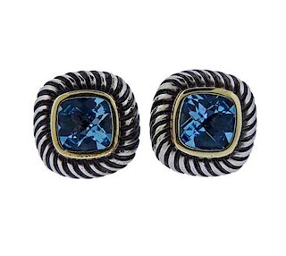 David Yurman Silver 14k Gold Blue Topaz Earrings 