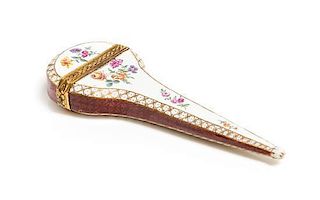 A Continental Gilt Metal Mounted Porcelain Scissor Case, Length 5 1/2 inches.
