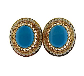 14k Gold Blue Stone Pearl Earrings 