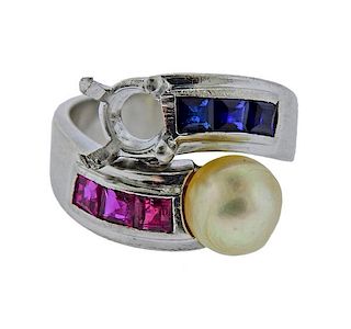Platinum Ruby Sapphire Pearl Bypass Ring 