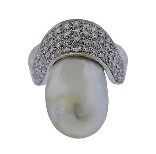 18K Gold Diamond Baroque Pearl Ring