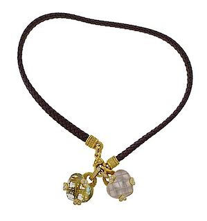 Judith Ripka 18k Gold Diamond Leather Necklace Heart Pendant Set 