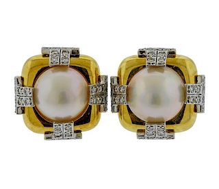 18k Gold Diamond Mabe Pearl Earrings 