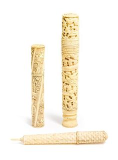 Three Victorian Ivory Bodkin Cases, Length of first 6 inches.