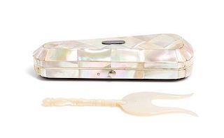 A Victorian Mother-of-Pearl Sewing Kit and Lucet, Length of case 6 inches.