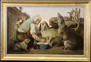 Signed, Painting of Old Man and Child with Dogs