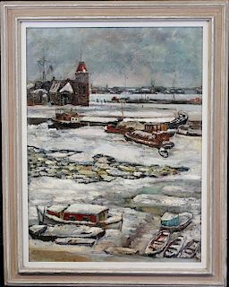 Signed, 1947 Winter Harbor Scene with Boats
