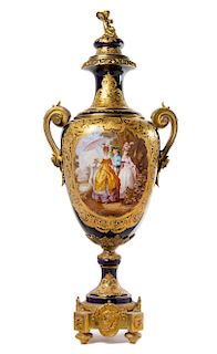A Sevres Style Gilt Bronze Mounted Porcelain Lidded Urn Height 46 inches.